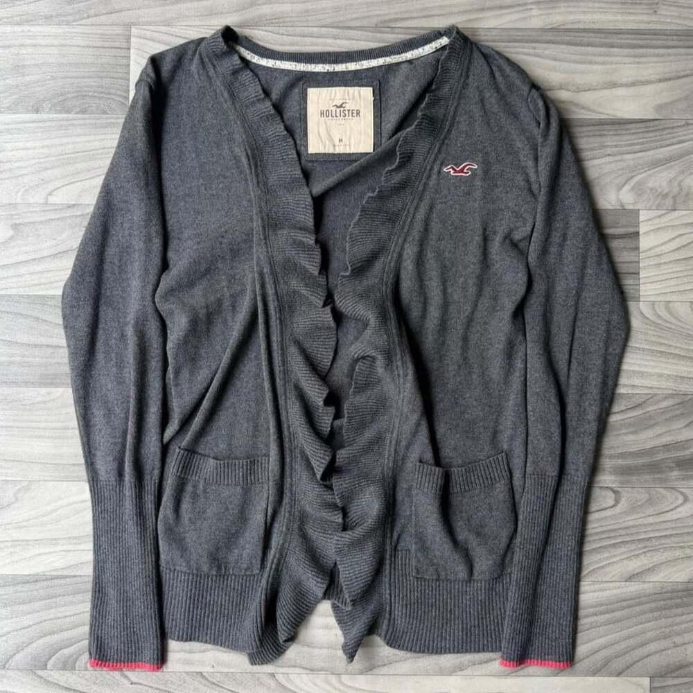 Hollister Ruffle Cardigan Size M Grey Pink Trim